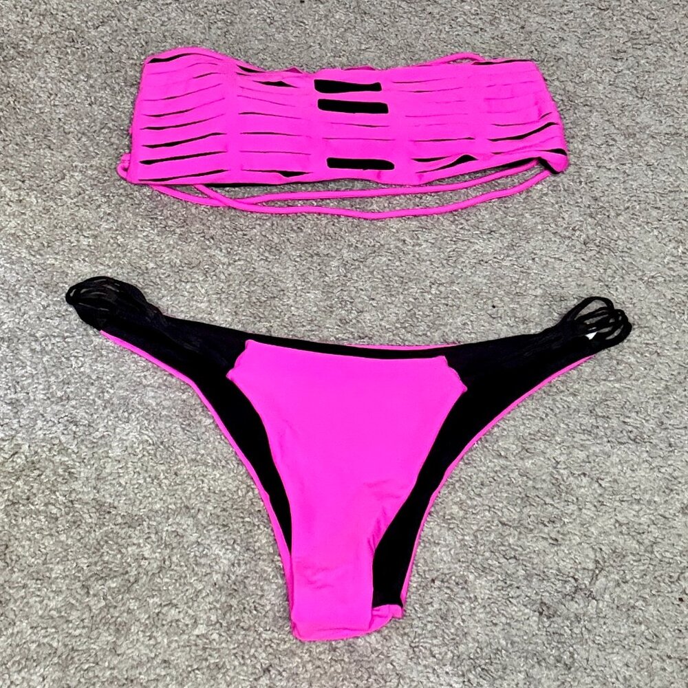 Pink and Black Strappy Bikini